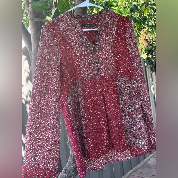 Zara Basic Burgundy Floral Patchwork Blouse – Size L - Picture 2 of 6